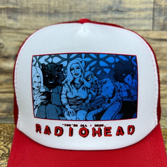 Radiohead Mens Trucker Hat Red Snapback You're All Dead Creep Baseball Cap - Picture 3 of 8